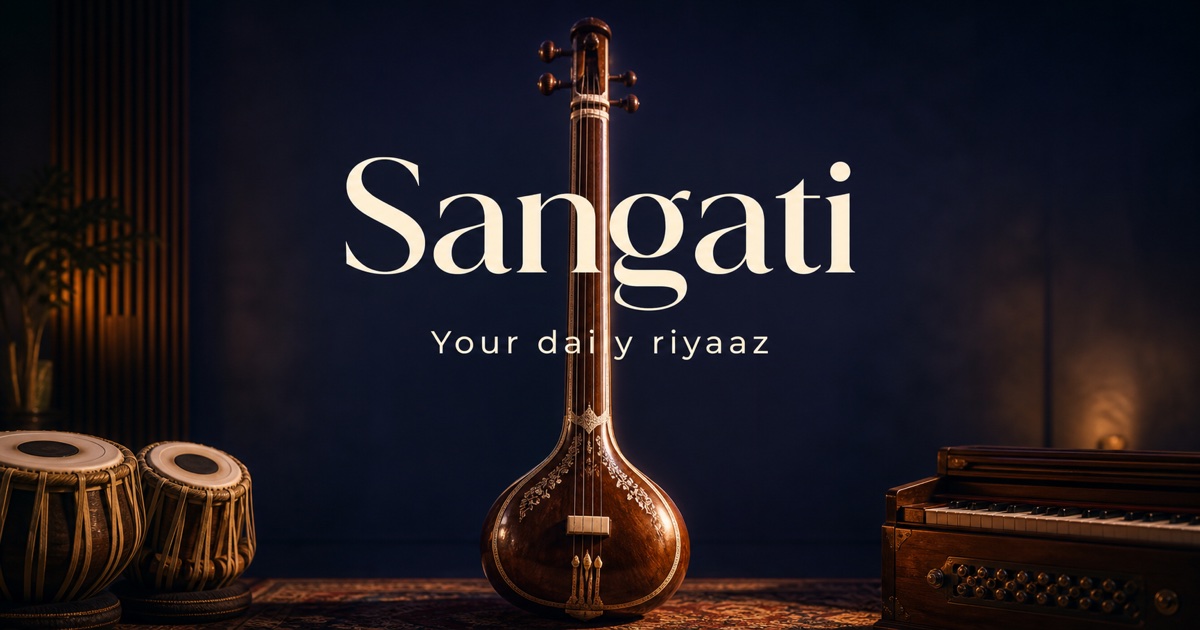 Tanpura with tabla and harmonium in a midnight-blue practice room
